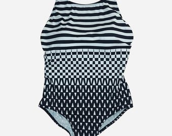 vintage 80s optical illusion geometric striped one piece swimsuit sz 18w 90s