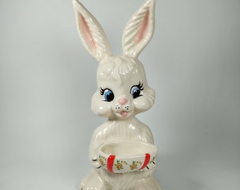 Vintage Ceramic Easter Bunny Holding Egg | 1980s