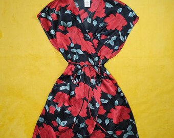 vintage 90s y2k sleeveless belted rose mini robe sz l romantic satin floral