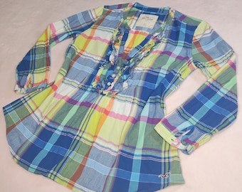vintage y2k hollister rainbow plaid ruffle blouse jrs sz xs preppy mallcore