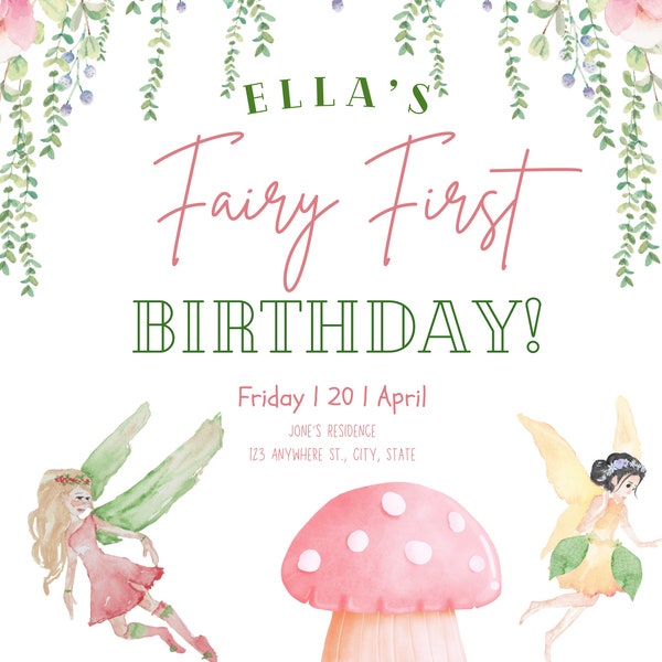 Fairy First Birthday Party Theme Editable Invitation Downloadable