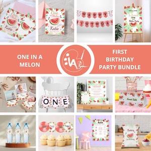 One in a Melon First Birthday Party Bundle: Pink Watermelon Decorations (Digital Download)