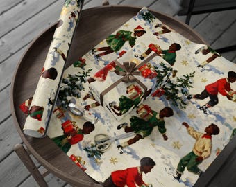 May include: Christmas-themed wrapping paper featuring a repeating pattern of children in winter attire, carrying gifts. The design includes snowflakes and Christmas trees. A wrapped gift with a bow and a roll of paper are visible.
