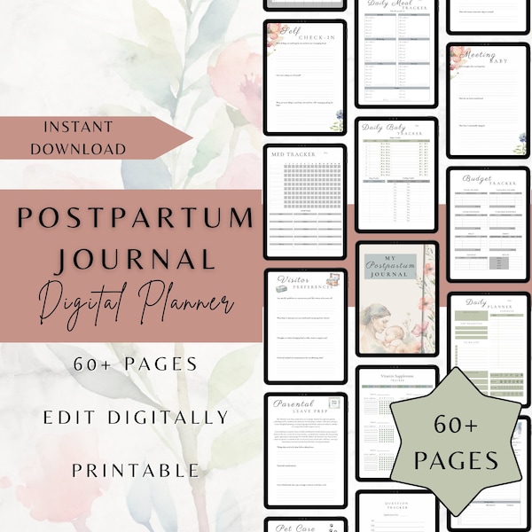 Postpartum Planner Journal, Fourth Trimester Care Checklist, Newborn Tracker,  Printable Postpartum Essential Planner, New Mom Gift