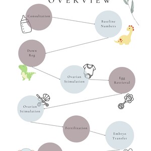 May include: A flowchart diagram illustrating the steps involved in the in vitro fertilization (IVF) cycle. The steps include consultation, baseline numbers, down regulation, ovarian stimulation, egg retrieval, fertilization, embryo transfer, and pregnancy test. Each step is represented by a circle with a relevant icon and text label.