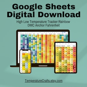 May include: A digital download graphic showing a Google Sheets temperature tracker. The image displays the tracker on a laptop, tablet, and smartphone. Text includes "Google Sheets Digital Download" and "Temperature Crafts.etsy.com".