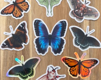 Butterfly & Moth Stickers: Luna, Monarch, Morpho, Cecropia, Admiral, Rosy Ermine, Red-Purple Spotted