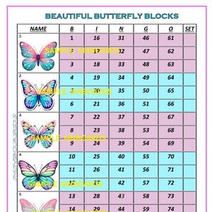 May include: A colorful chart with a grid of numbers and butterflies. The chart is titled "Beautiful Butterfly Blocks". The chart has columns labeled "Name", "B", "!", "N", "G", "O", and "Set".