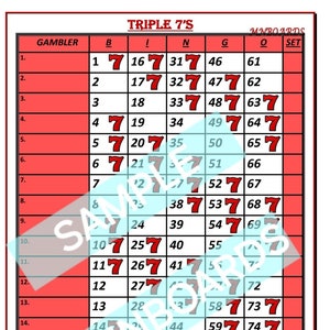 May include: A red and white bingo card labelled "TRIPLE 7'S" with numbered squares. The number 7 is a key feature. The bottom text reads "Another Way to Play: 1st to get all 3 7's wins $... 1st Full Line wins $..."