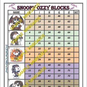 Może przedstawiać: Karta do bingo z motywem Snoopy'ego zatytułowana "Snoopy Ozzy Blocks". Karta przedstawia Snoopy'ego w różnych kostiumach, liczbach i tekście "SAMPLE MNBOARDS". Karta ma fioletowo-pomarańczową kolorystykę.