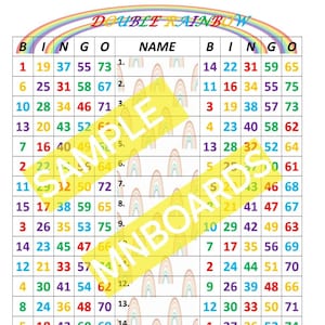 Puede incluir: Una tarjeta de bingo de doble arcoíris con números del 1 al 75 en una cuadrícula de 5x5. La tarjeta está dividida en dos secciones, una para el nombre del jugador y otra para el juego de bingo. La tarjeta está decorada con un diseño de doble arcoíris.