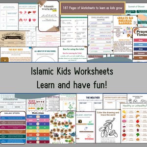 May include: A collage of colorful Islamic kids worksheets with various themes, including learning about the body, Islamic months, prayer times, and the weather. The worksheets feature illustrations, activities, and text in both English and Arabic.