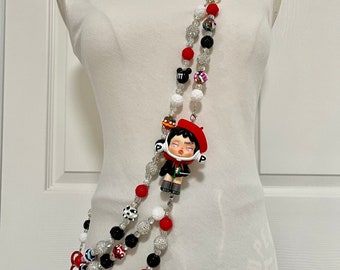 Handmade crossbody phone strap Hand painted beads with figure toy adjustable style for phone,bag,keychain