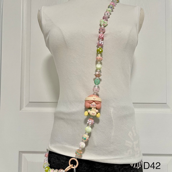Handmade crossbody phone strap Hand painted beads with figure toy adjustable style for phone,bag