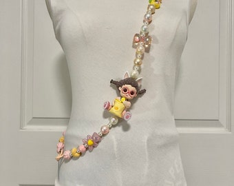 Handmade crossbody phone strap Hand painted beads with figure toy adjustable style for phone,bag