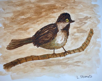 Original Watercolor Painting, brown bird on branch