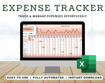 May include: A computer screen displaying a spreadsheet with a monthly expense tracker for January. The spreadsheet includes a budget amount of $3,000 and a daily amount spent graph. The spreadsheet is labeled "Expense Tracker!" and "Track & Manage Expenses Effortlessly". The image also includes the Microsoft Excel logo.