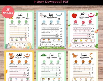 Peut inclure: Un ensemble de six feuilles de travail imprimables colorées pour apprendre l'alphabet arabe. Chaque feuille de travail présente une lettre différente de l'alphabet, un mot arabe correspondant et une traduction anglaise. Les feuilles de travail comprennent des activités de traçage, d'identification d'images et de reconnaissance des lettres.