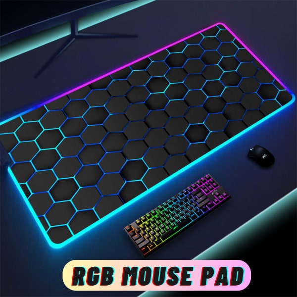 Tapis de bureau LED à motif géométrique, grand tapis de bureau d’éclairage RVB, tapis de bureau au néon pour clavier, tapis de bureau premium de jeu, tapis de souris de bureau complet