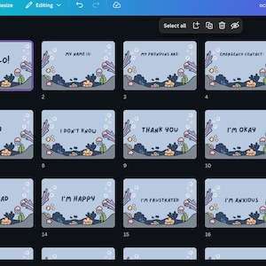 Puede incluir: Una colecci&oacute;n de tarjetas ilustradas con un tema oce&aacute;nico. Cada tarjeta presenta una frase diferente, como "HELLO!", "MY NAME IS" e "I'M HAPPY", sobre un fondo de coral, algas marinas y medusas.
