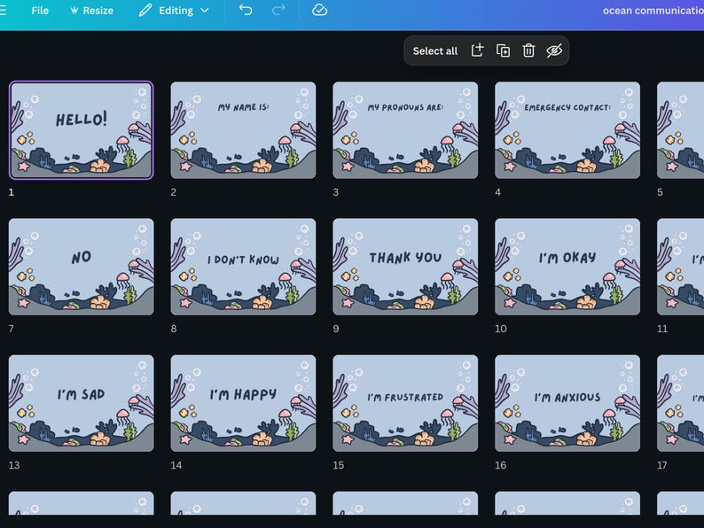 Puede incluir: Una colecci&oacute;n de tarjetas ilustradas con un tema oce&aacute;nico. Cada tarjeta presenta una frase diferente, como "HELLO!", "MY NAME IS" e "I'M HAPPY", sobre un fondo de coral, algas marinas y medusas.