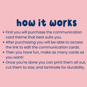 May include: Pink background with the words "how it works" in blue script. Bullet points explain the process: purchase a communication card theme, access a link to edit, make cards, print, cut, and laminate.