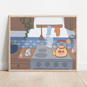 May include: A framed illustration of a kitchen scene with a cartoon mouse, a teapot with mushroom designs, and a stove. The kitchen has blue tile, wooden cabinets, and hanging utensils. A bowl of fruit and a vase of flowers are also visible.