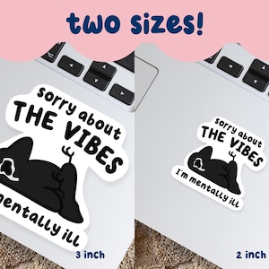 May include: Two stickers with the text "sorry about the vibes, I'm mentally ill" and a black cartoon character. One sticker is 3 inches, the other is 2 inches. The stickers are on a laptop.