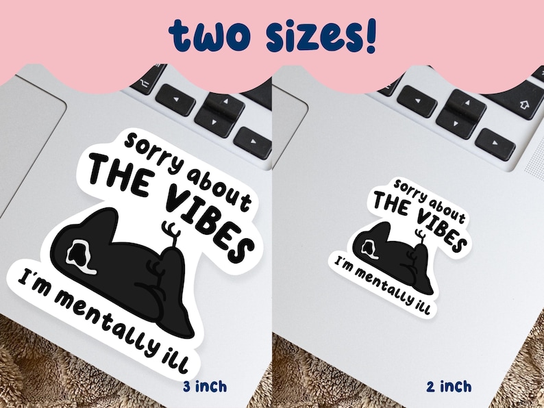 May include: Two stickers with the text "sorry about the vibes, I'm mentally ill" and a black cartoon character. One sticker is 3 inches, the other is 2 inches. The stickers are on a laptop.