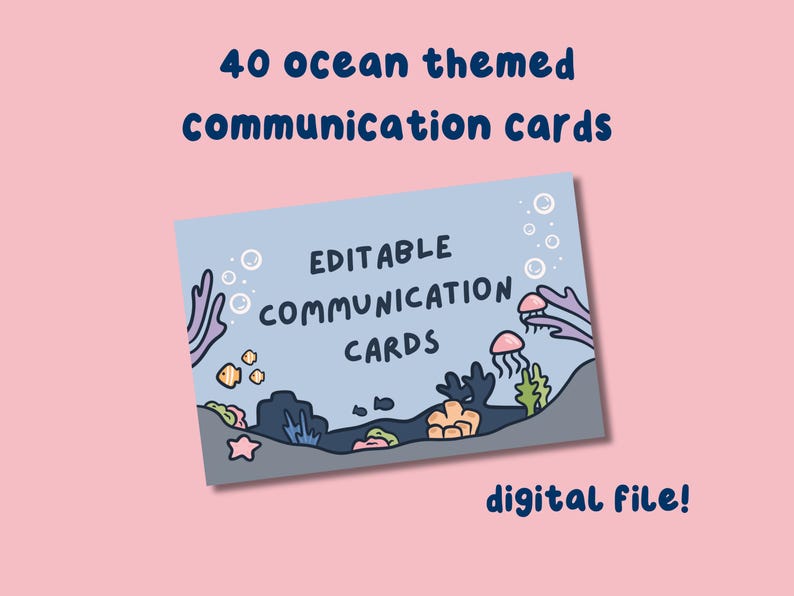 Puede incluir: Una tarjeta azul claro con el texto "TARJETAS DE COMUNICACI&Oacute;N EDITABLES" y "40 tarjetas de comunicaci&oacute;n con tem&aacute;tica oce&aacute;nica" sobre un fondo rosa. La tarjeta presenta una escena oce&aacute;nica con corales, peces y medusas. Las palabras "&iexcl;archivo digital!" est&aacute;n en la parte inferior.