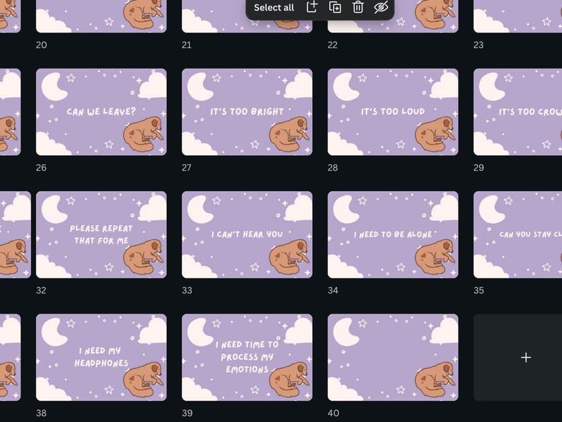 May include: A collection of digital art cards with a purple background, a crescent moon, stars, and a cartoon sloth. Each card has a different phrase, such as "Can we leave?" or "I need my headphones."