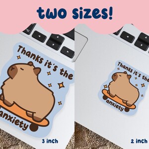 May include: Two stickers showing a cartoon capybara on a skateboard, with the text "Thanks it's the anxiety." Available in 5 cm and 7.6 cm sizes. The background is light blue with star-shaped accents.