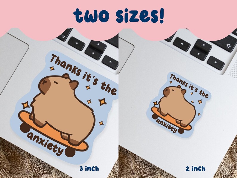 May include: Two stickers showing a cartoon capybara on a skateboard, with the text "Thanks it's the anxiety." Available in 5 cm and 7.6 cm sizes. The background is light blue with star-shaped accents.