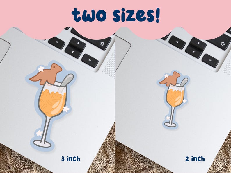 May include: Two stickers on a laptop, featuring a cartoon cocktail with a brown creature and a spoon. The stickers are available in 2-inch and 3-inch sizes. The text "two sizes!" is at the top of the image.