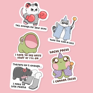 May include: A collection of cartoon stickers on a pink background. The stickers feature various animals, including a possum with boxing gloves, a raccoon wizard, a frog with a wand, a hippo biting a boot, and a green creature. Each sticker has text.