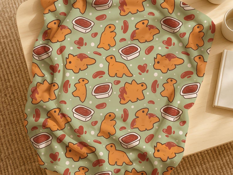 K&ouml;nnte beinhalten: Eine hellgr&uuml;ne Decke mit einem sich wiederholenden Muster aus orangefarbenen, dinosaurierf&ouml;rmigen Chicken Nuggets, kleinen roten Herzen und Dip-So&szlig;en-Beh&auml;ltern. Die Decke ist auf einer Holzoberfl&auml;che gefaltet.