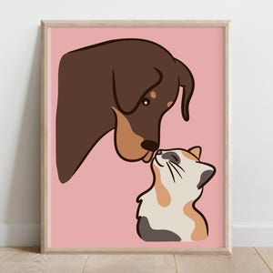 Sweet Cat & Dog Art Print, Cute Art, Pink Animal Lover Print, Animal Cartoon Artwork, Trendy Apartment Decor, College Dorm, Cutecore