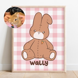 May include: A framed print featuring a cartoon illustration of a brown bunny with a carrot on its chest, set against a pink and white gingham background. The name "wally" is written below the bunny. A small inset shows a real rabbit.