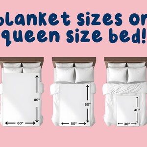 K&ouml;nnte beinhalten: Abbildung von drei Betten mit wei&szlig;en Decken, die die Deckengr&ouml;&szlig;en f&uuml;r ein Queen-Size-Bett veranschaulichen. Die erste Decke ist 152 cm x 203 cm, die zweite 127 cm x 152 cm und die dritte 76 cm x 101 cm. Der Text lautet "blanket sizes on queen size bed!"