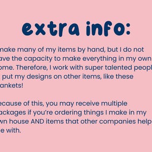 K&ouml;nnte beinhalten: Rosa Hintergrund mit blauem Text "extra info:". Der Text erkl&auml;rt, dass der Verk&auml;ufer mit anderen Unternehmen zusammenarbeitet, um Artikel wie Decken herzustellen, und Bestellungen in mehreren Paketen ankommen k&ouml;nnen.