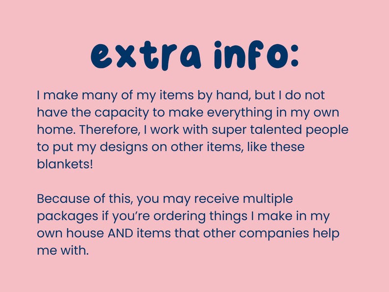 K&ouml;nnte beinhalten: Rosa Hintergrund mit blauem Text "extra info:". Der Text erkl&auml;rt, dass der Verk&auml;ufer mit anderen Unternehmen zusammenarbeitet, um Artikel wie Decken herzustellen, und Bestellungen in mehreren Paketen ankommen k&ouml;nnen.