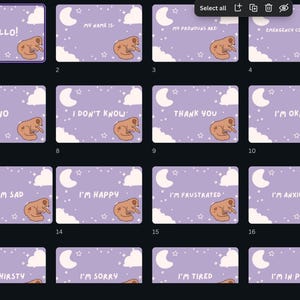 May include: A collection of purple cards with white clouds, stars, and a crescent moon design. Each card features a brown animal illustration and text such as "HELLO!", "MY NAME IS", "I'M HAPPY", and "I'M SORRY".