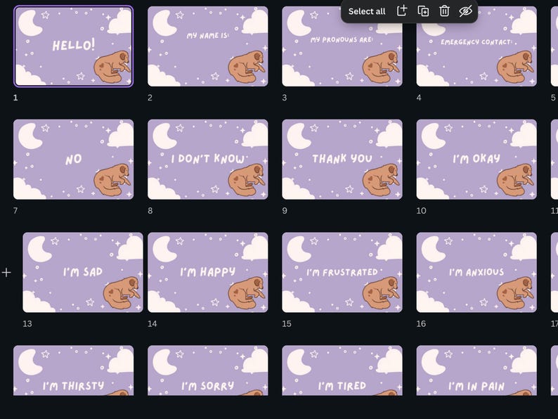 May include: A collection of purple cards with white clouds, stars, and a crescent moon design. Each card features a brown animal illustration and text such as "HELLO!", "MY NAME IS", "I'M HAPPY", and "I'M SORRY".