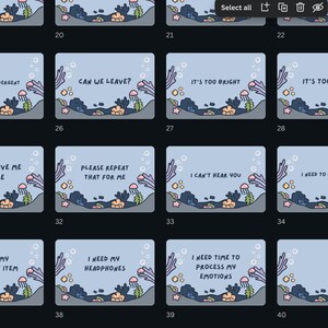 Puede incluir: Una colecci&oacute;n de tarjetas ilustradas con un tema submarino. Cada tarjeta presenta un fondo azul claro con texto como "I'm Neurodivergent" y "Can we leave?" acompa&ntilde;ado de ilustraciones de vida marina.