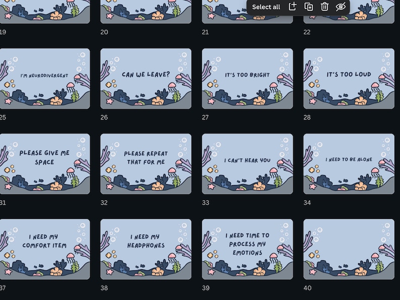 Puede incluir: Una colecci&oacute;n de tarjetas ilustradas con un tema submarino. Cada tarjeta presenta un fondo azul claro con texto como "I'm Neurodivergent" y "Can we leave?" acompa&ntilde;ado de ilustraciones de vida marina.