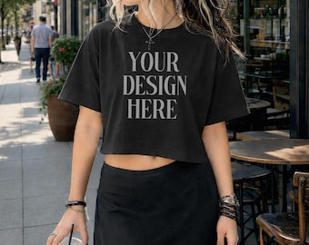 Crop-Mockups, schwarzes T-Shirt-Mockup, Comfort Colors, kastenförmiges Herbsthemd-Mockup, Bekleidungs-Mockups, leeres T-Shirt, Gothic-T-Shirt-Mockup, redaktionelles Branding