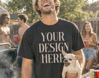 1717 Schwarzer Hund Mockup Leer Komfort Farben Kleidung Mockups Blank T-Shirt Inhalt Kreation Komfort Farben 1717 Männer Mockup 4. Juli Mockup