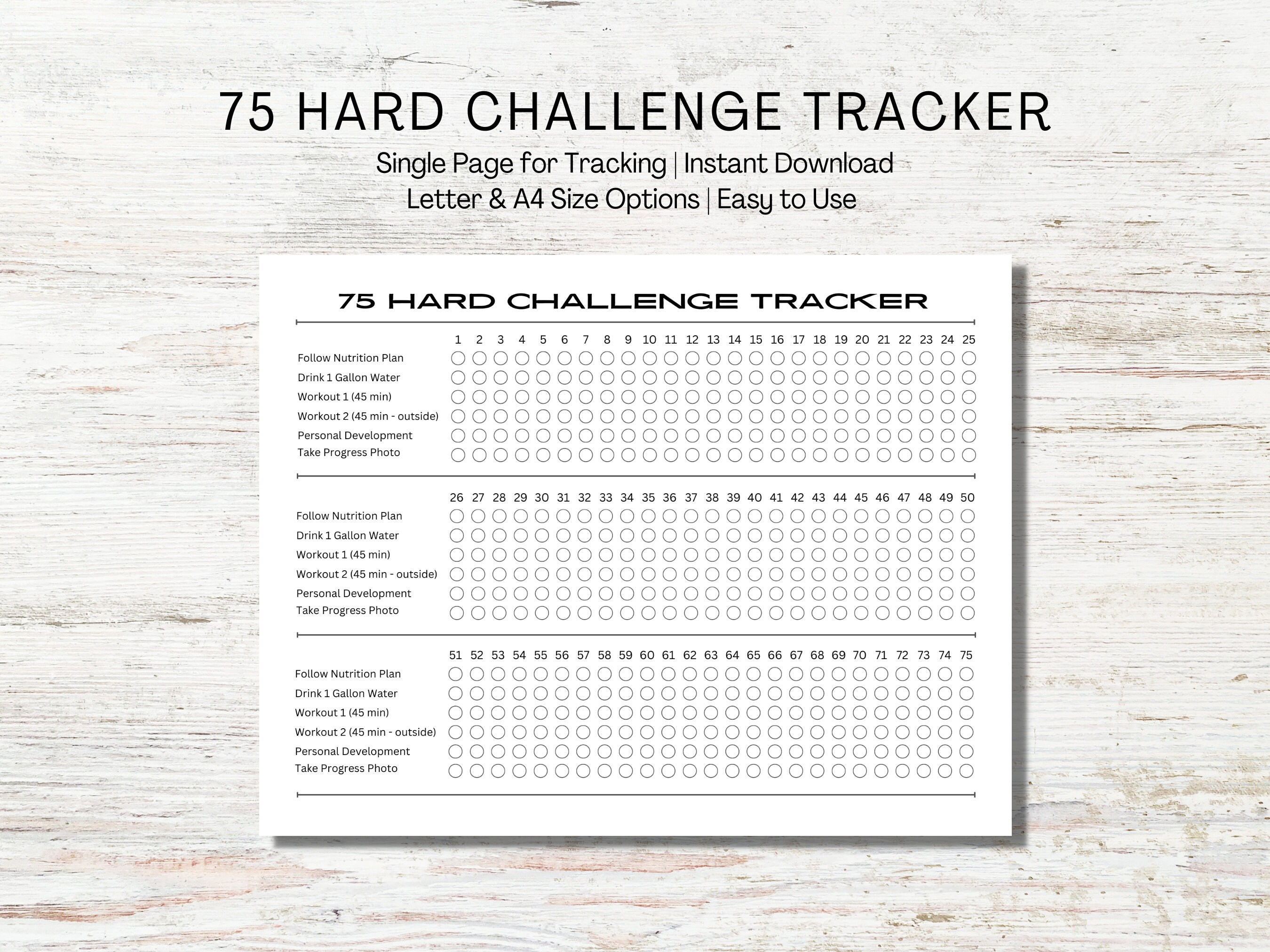 75 Hard Challenge Tracker Instant Download One Page Tracker A4 and ...