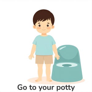 May include: A cartoon illustration shows a child in a blue t-shirt and beige shorts beside a teal potty. The text "Go to your potty" is printed in black at the bottom of the image.