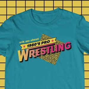 Ask Me About 1980 Pro Wrestling Retro T-shirt unisexe souple unisexe, t-shirt graphique tendance, chemises de style vintage pour femmes hommes, cadeau de lutte